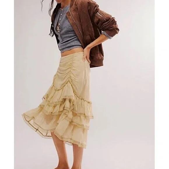 Free People Calliope Ruffle Midi Skirt Tan SMALL NEW Ethereal Western Bohemian - Picture 3 of 6
